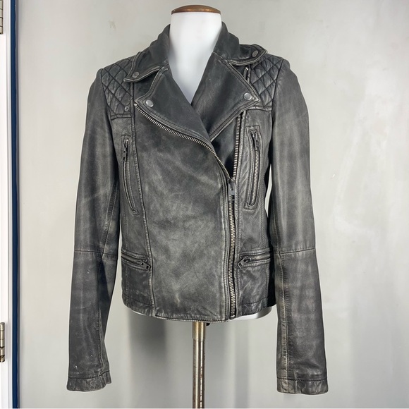 All Saints Black Leather Biker Jacket US 2 - Picture 1 of 14